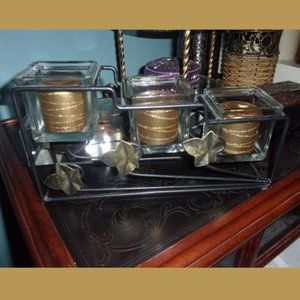 Gunmetal/Brass/Glass Candle Holder w Gold Candles